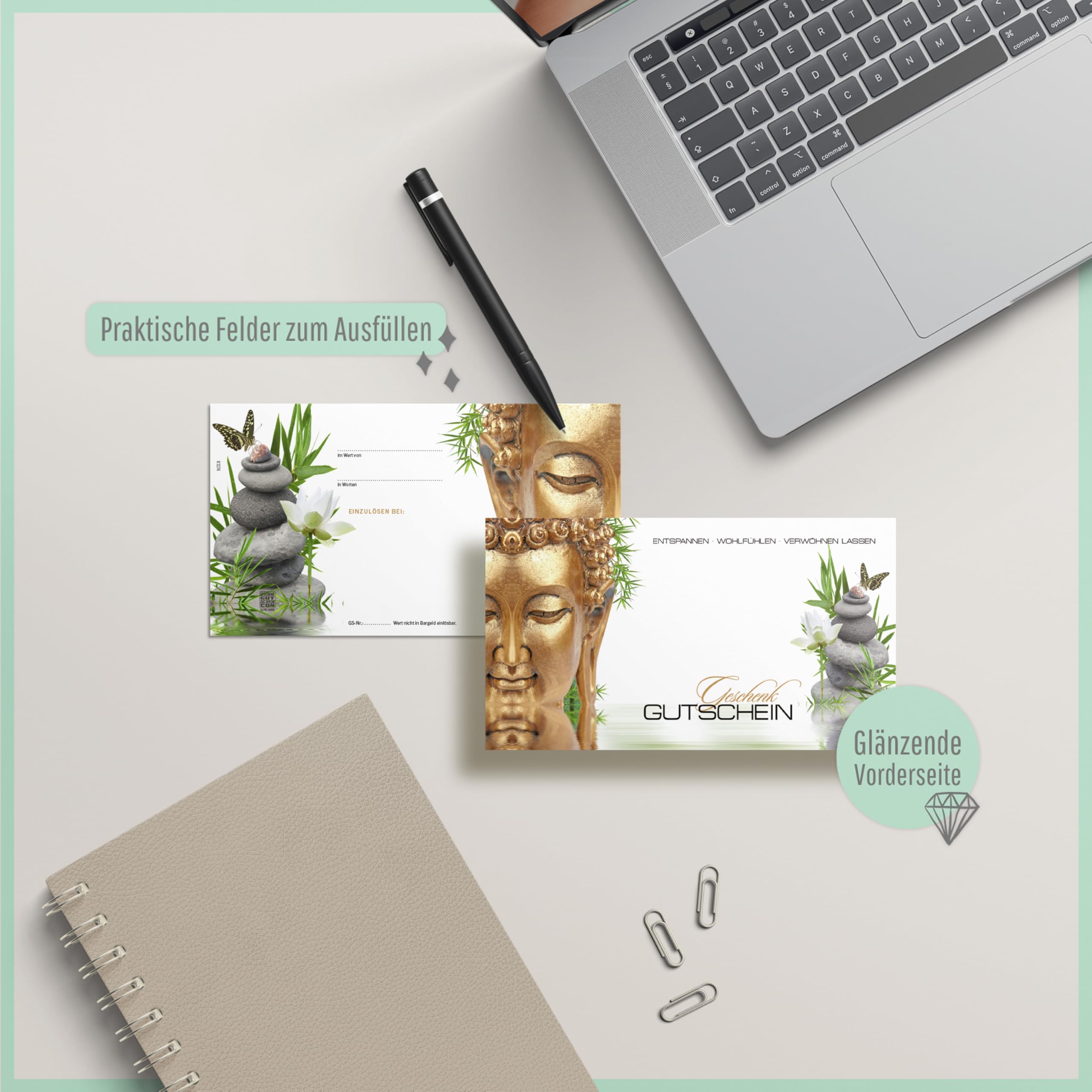 Gutschein-Set. 50x Gutschein + Kuvert + Schleife. Für Kosmetiksalon Kosmetik Wellness Spa Massageinstitute, blanko zum selber Ausfüllen.