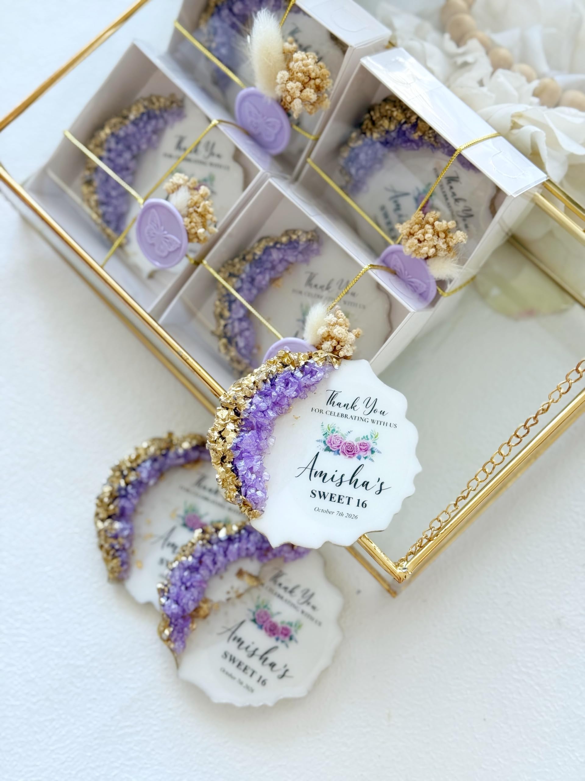 Personalisierte Sweet 16 Gastgeschenke, Quinceañera Partygeschenke für Gäste, Individuelle Erinnerungsstücke mit Schmetterling & Wachssiegel, Sweet 15 & 16 Geschenk (30 Stück mit Geschenkbox)