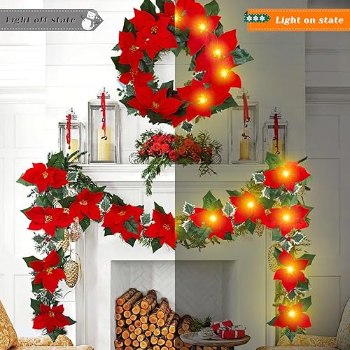 Miniatura 4 de Paquete de 2 guirnaldas artificiales de decoración de Navidad de 6.5 pies, guirnalda de Pascua de seda de terciopelo preiluminada con bayas rojas y