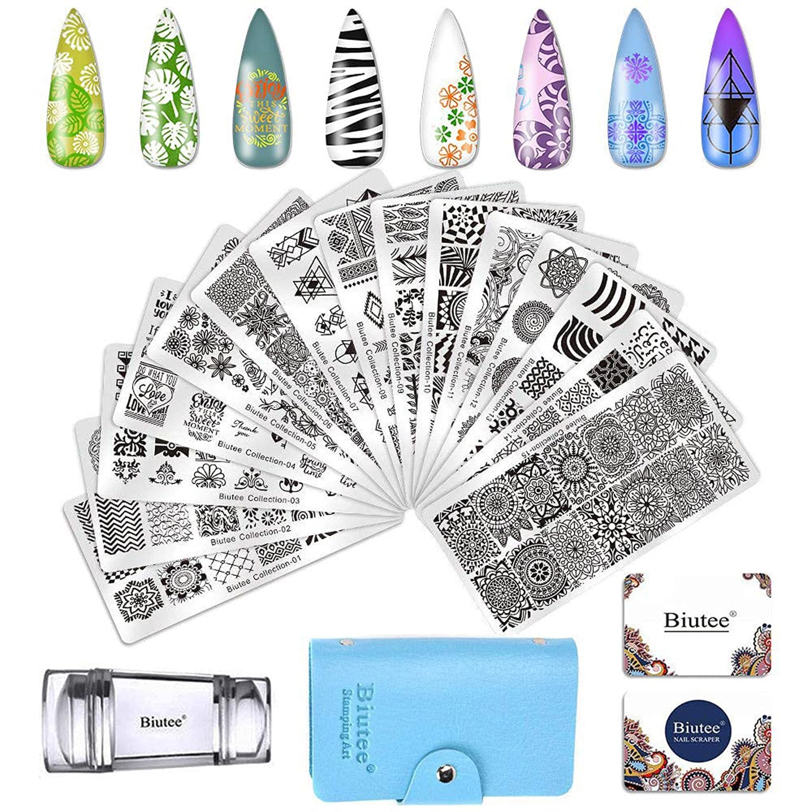 Biutee Set de Stamping Nail Art Kit d'estampage d'ongles 15 pièces modèles d'art d'ongle avec motifs d'animaux, de feuilles et de fleurs 1 Tampon 2 Grattoir 1 Paquet de Cartes