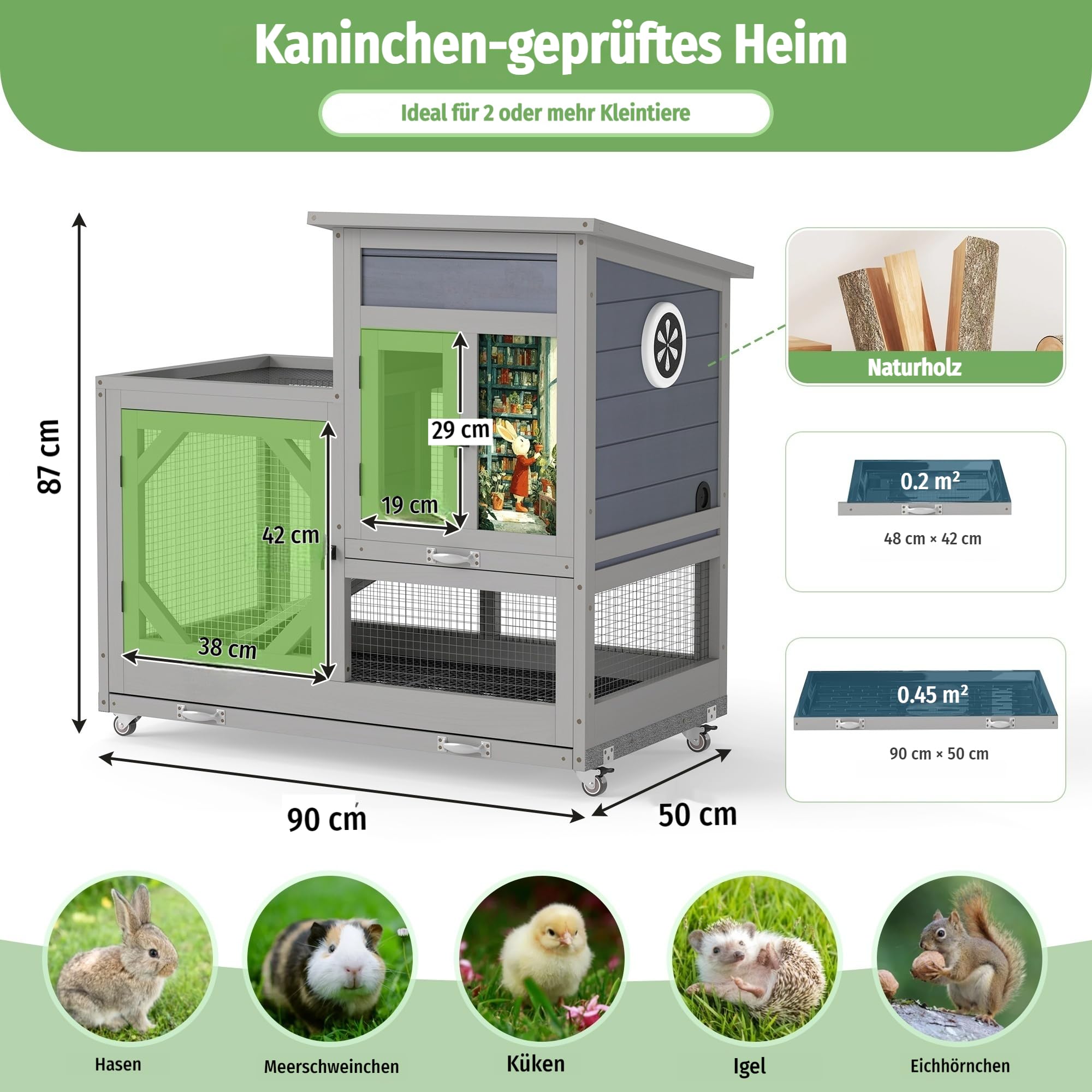 Kaninchenstall mit Freilaufgehege, 2-stöckig mit Rollen, großer Schublade, wasserdichtem Asphalt-Dach - Holzgehege für Kaninchen draußen & innen, Meerschweinchen