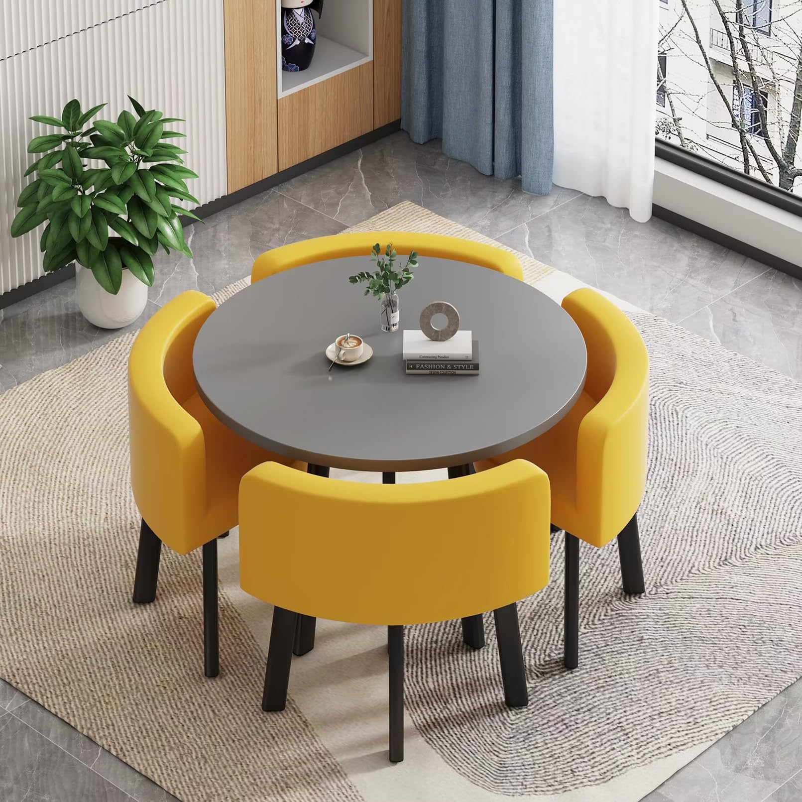 Moderno tavolo rotondo da ufficio con tavolo da negoziato e sedia in pelle PU, salvaspazio, facile da montare, per negozi di caffè e tè al latte, soggiorno (colore: E)