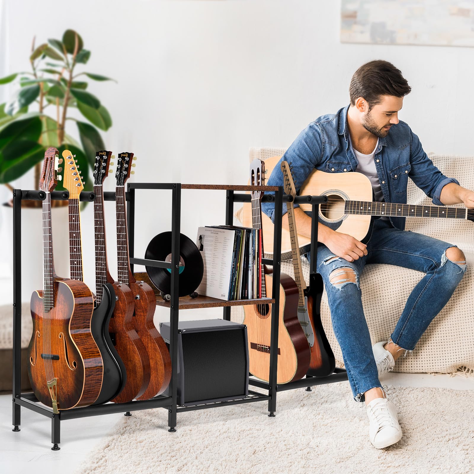 Nisorpa Gitarrenständer mit Ablagefach, Holz, Multi-Gitarrenständer für Akustik-Bass, E-Gitarre, 28 x 128 x 73 cm, Schwarz und Kaffeebraun
