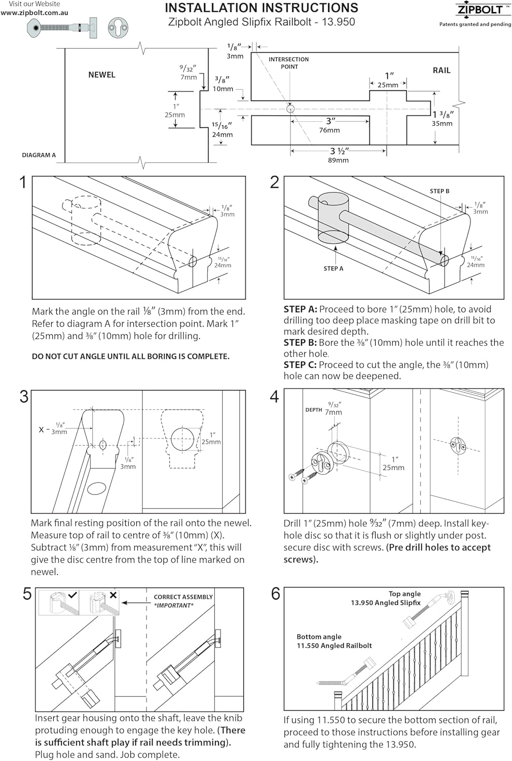 Zipbolt 13.960 Angled Slipfix Railbolt — Angled Handrail to Newel Post Connector for Upper Connection, Easy Residential and Commercial Installation, New Construction and Remodels