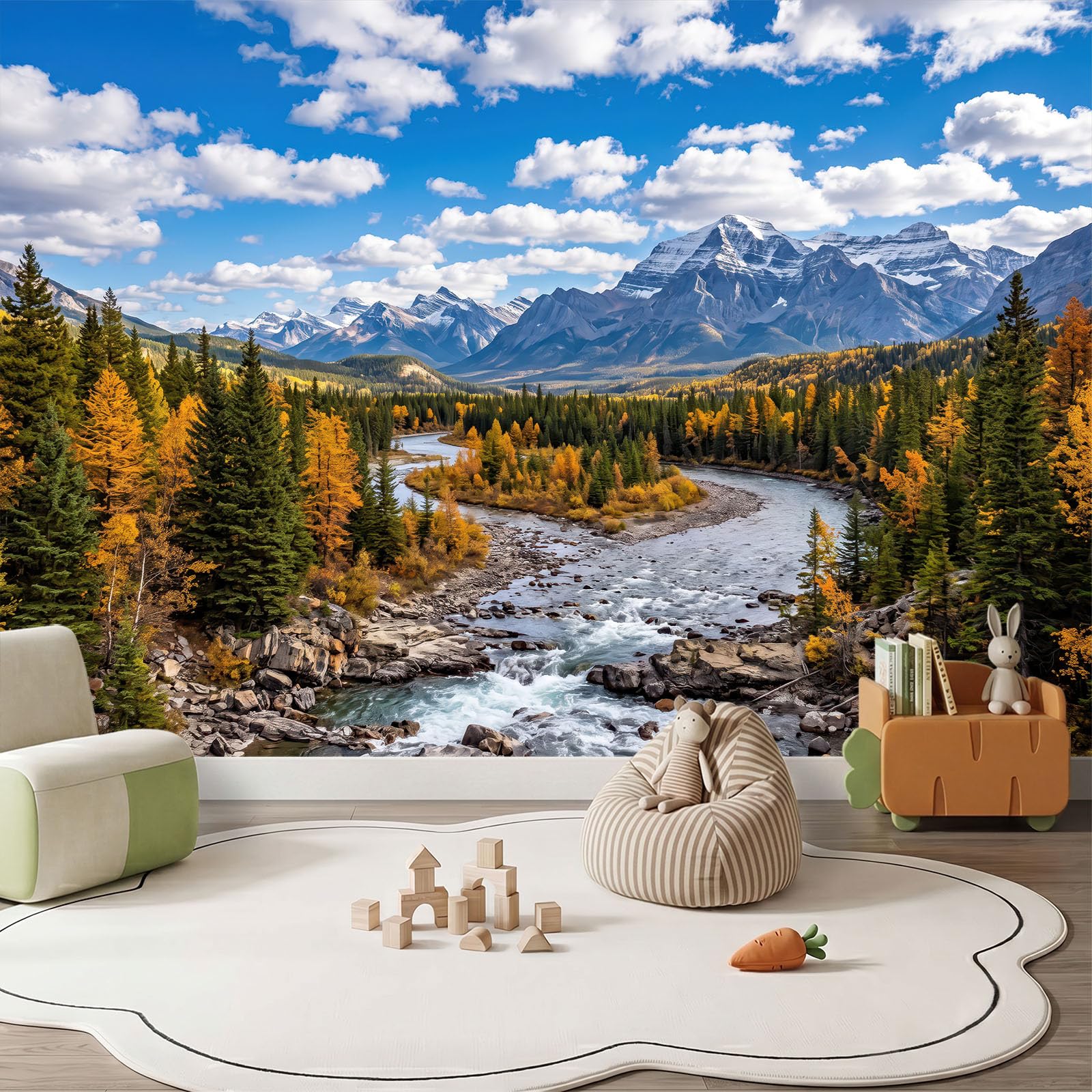 Naturlandschaft Wald Panorama Fototapete 300 x 210 cm, Berge Canyons Flüsse Kiefern Schneebedeckte Berge Vlies Tapeten Wandtapete, Blau Wandbilder Tapete für Wohnzimmer Schlafzimmer Apartment Flur