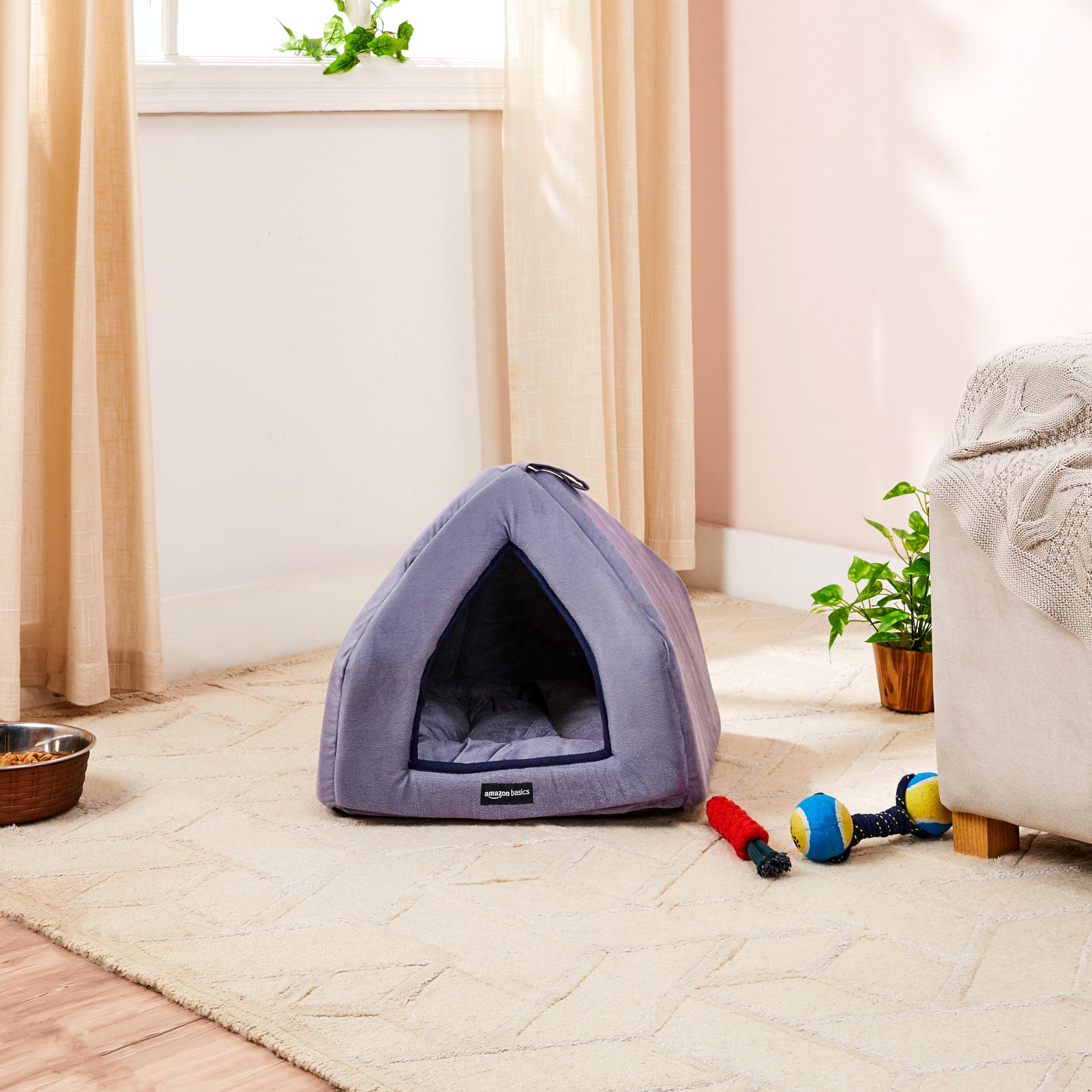 Amazon Basics Premium Soft Velvet Pet Hut House | For Cats, Kittens and Small Dogs | With Reversible Cushion | Washable Cozy and Comfortable | Small | 40 x 40 x 40 cm | Navy Blue and Grey 1