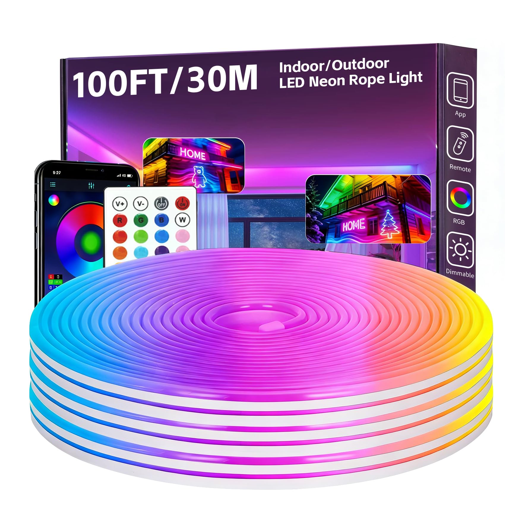 Photo 1 of 100FT RGB LED Neon Rope Lights, App & Remote Control, Flexible Waterproof IP65 Led Strip Lights, Music Sync Color Changing Multiple Modes Neon Lights for Bedroom Gaming Room Indoor & Outdoor Decor