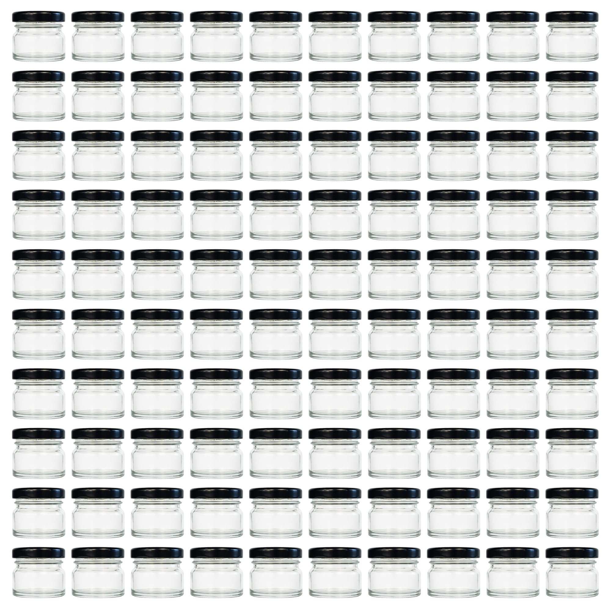 100 Mini bocaux en verre 30ml avec couvercle noir To 43 ronds pour confiture et miel