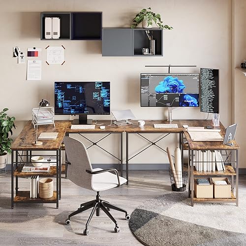 Miniatura 44 de Bestier Escritorio en forma de L con estantes, escritorio esquinero reversible de 86.6 pulgadas o mesa larga para 2 personas para oficina en casa,