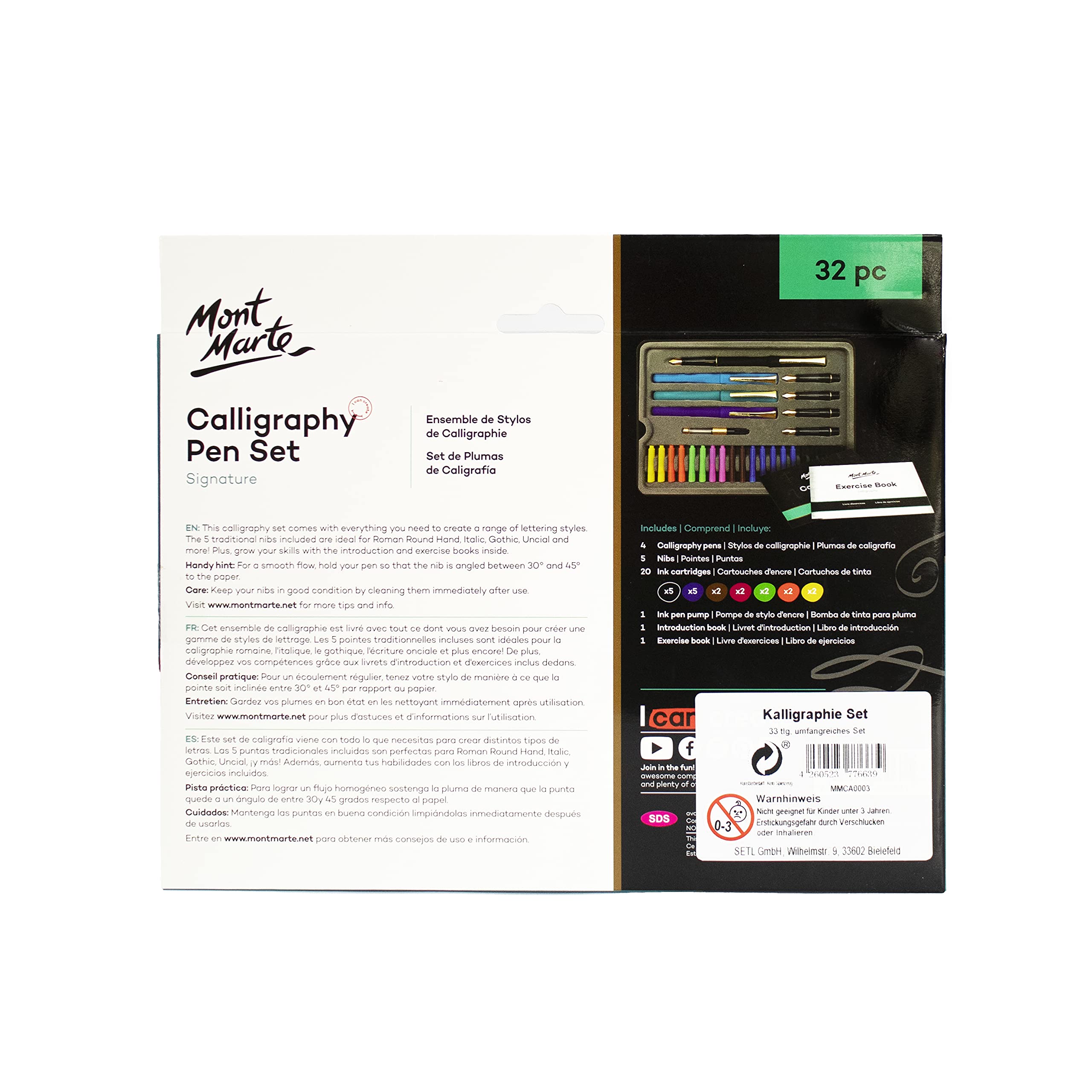 MONT MARTE Stylo Calligraphie Set - 32 pièces - Parfait pour les débutants - Inclus: 4x Stylo Calligraphie, 5x Plume de Calligraphie et bien plus