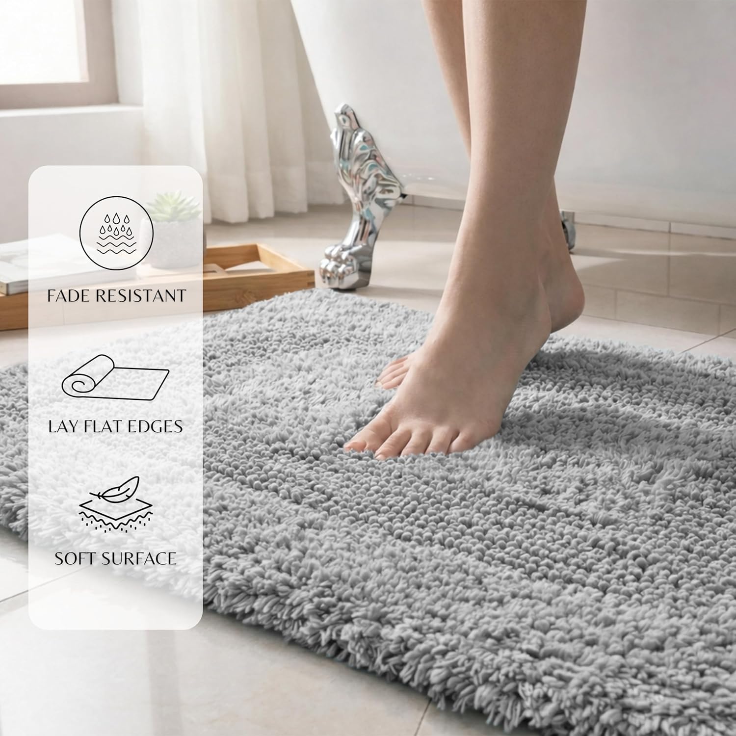 Ramanta Home 2 Piece Pure Cotton Bathmat Set - Light Grey, Super Soft Absorbent Reversible Bath Rug Set of 2 for Bathroom, Kitchen, Washable High Pile Floor Mats for Shower - 21x34 & 17x24 Inch