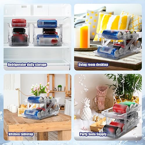 Miniatura 7 de Soaoo Organizador de latas de soda ajustable de 2 piezas de ancho para refrigerador, dispensador de bebidas expandible, transparente, 2 capas,