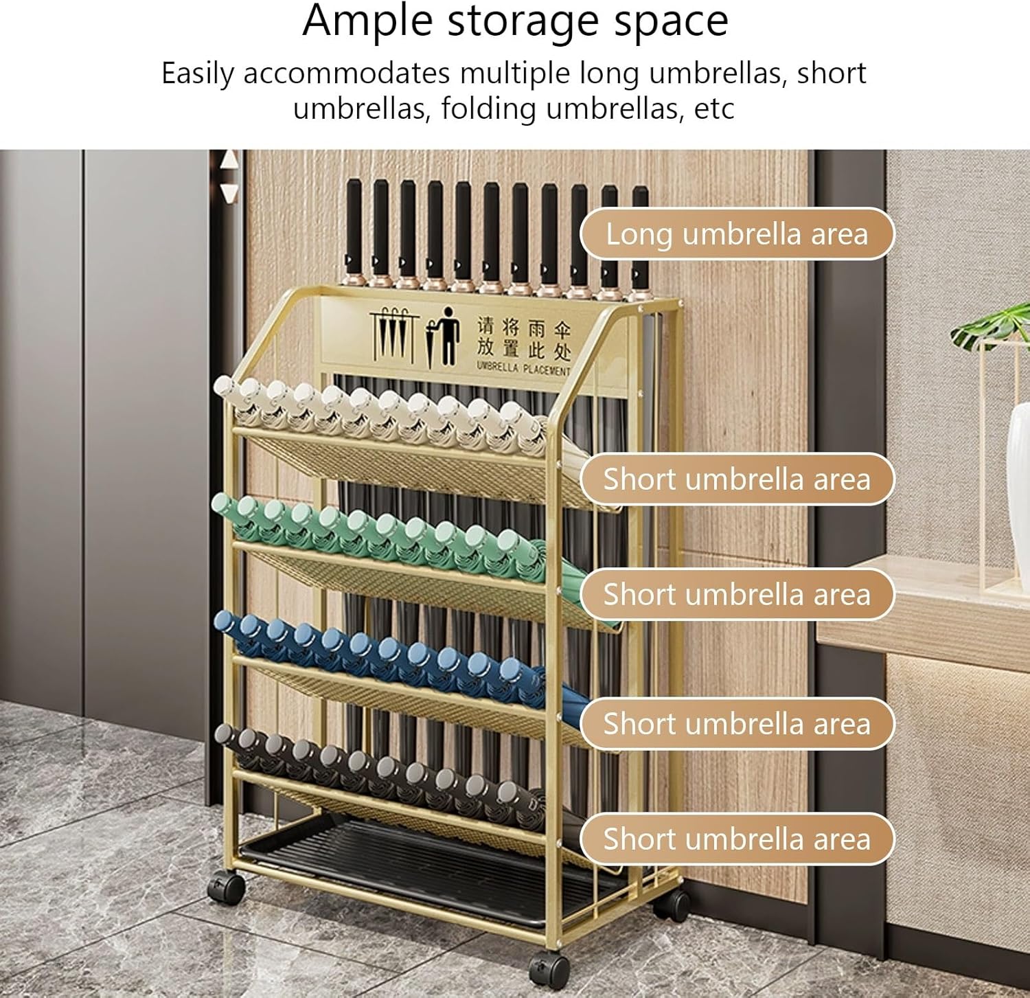 with Removable Drip Tray, Large Capacity Storage Rack on Wheels for Offices, Schools, Shopping Malls, and Hotel Lobbies