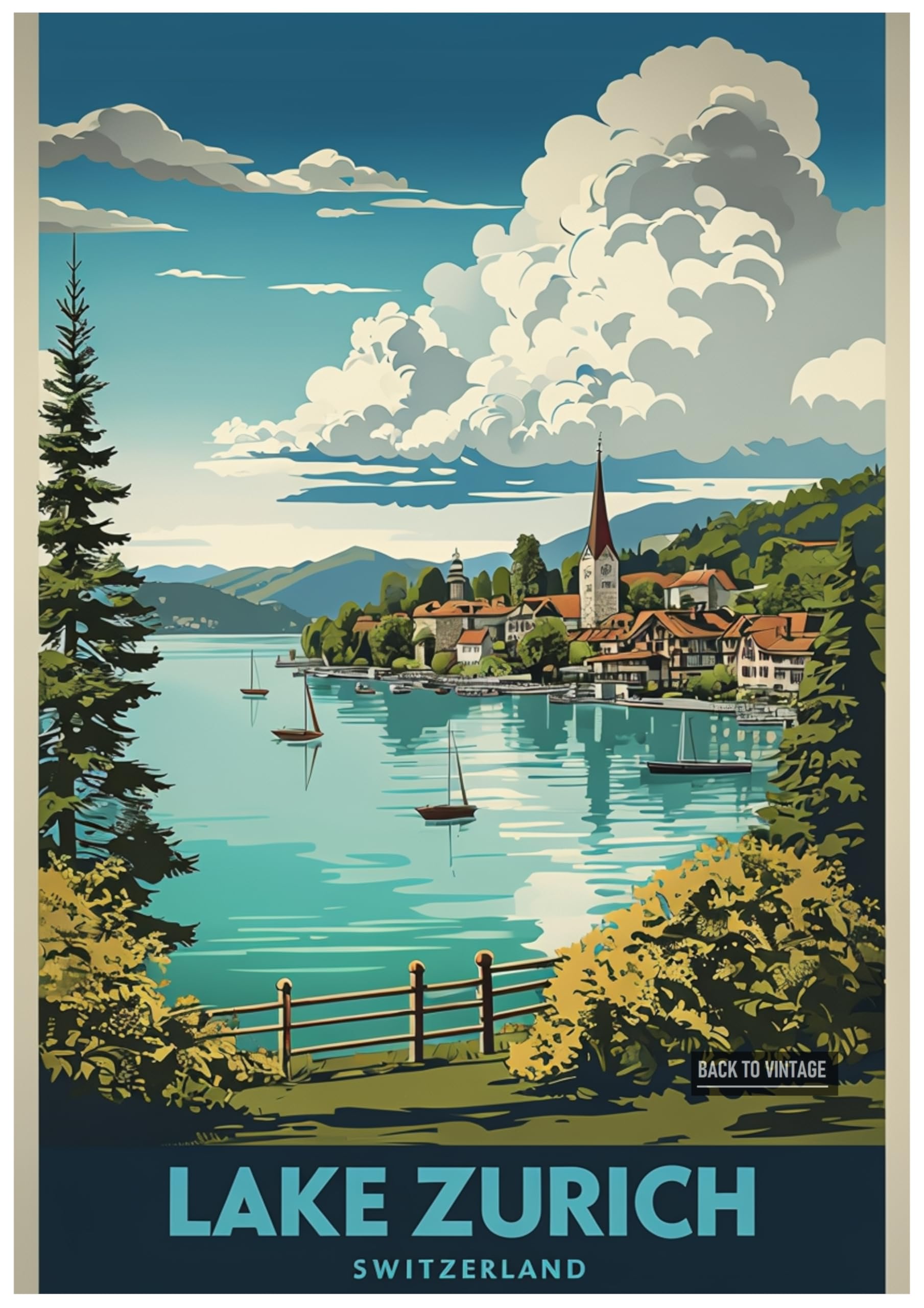 Back To Vintage Multicoloured Vintage Travel Poster Of Lake Zurich In Switzerland - Retro Europe Travel Poster A4 Size Vintage Wall Art Print Of Famous European Destinations Ideal For Home Or Office Decor
