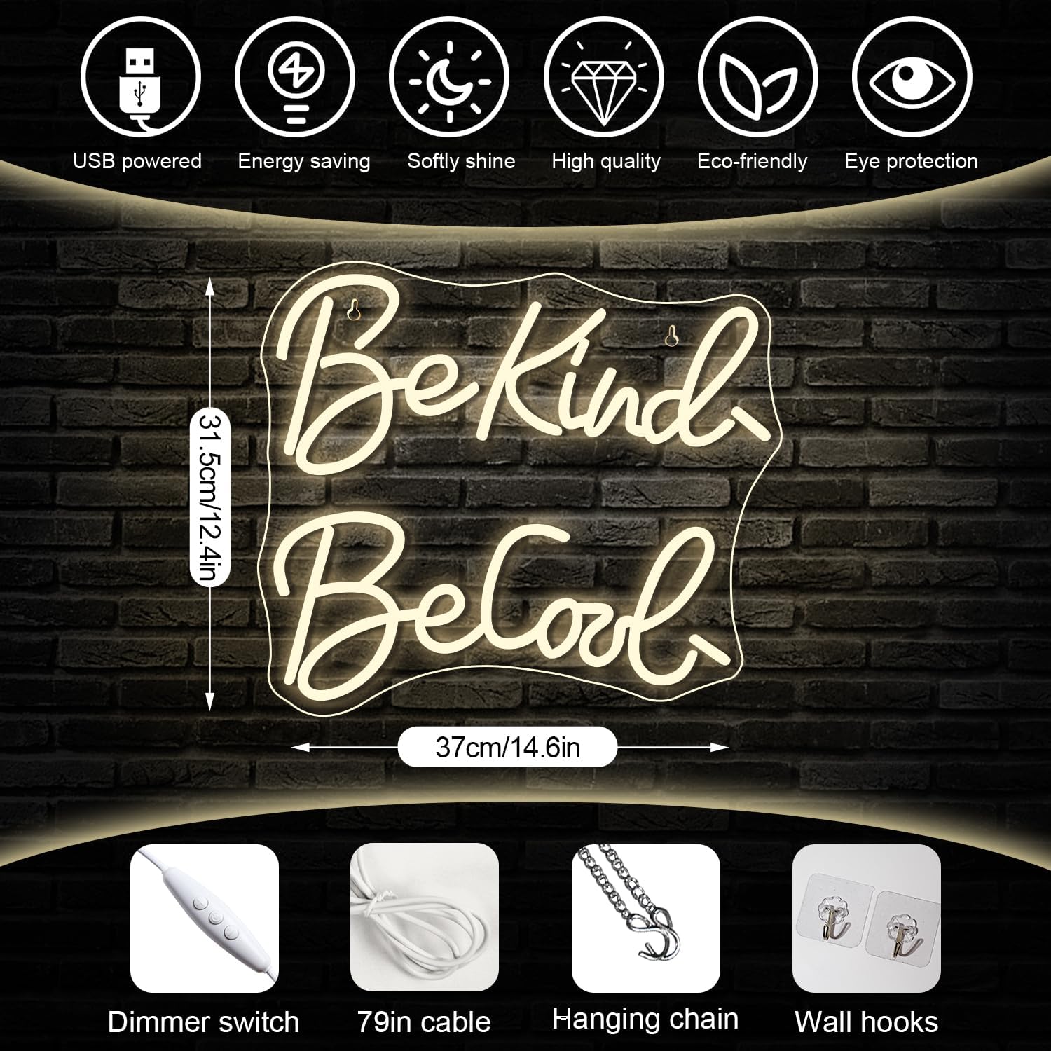Be Kind Be Cool Neon Sign,Dimmable Neon Signs for Wall Decor,Warm White Neon Light Be Kind USB Led Sign for Study Room Classroom Office Bedroom Decoration