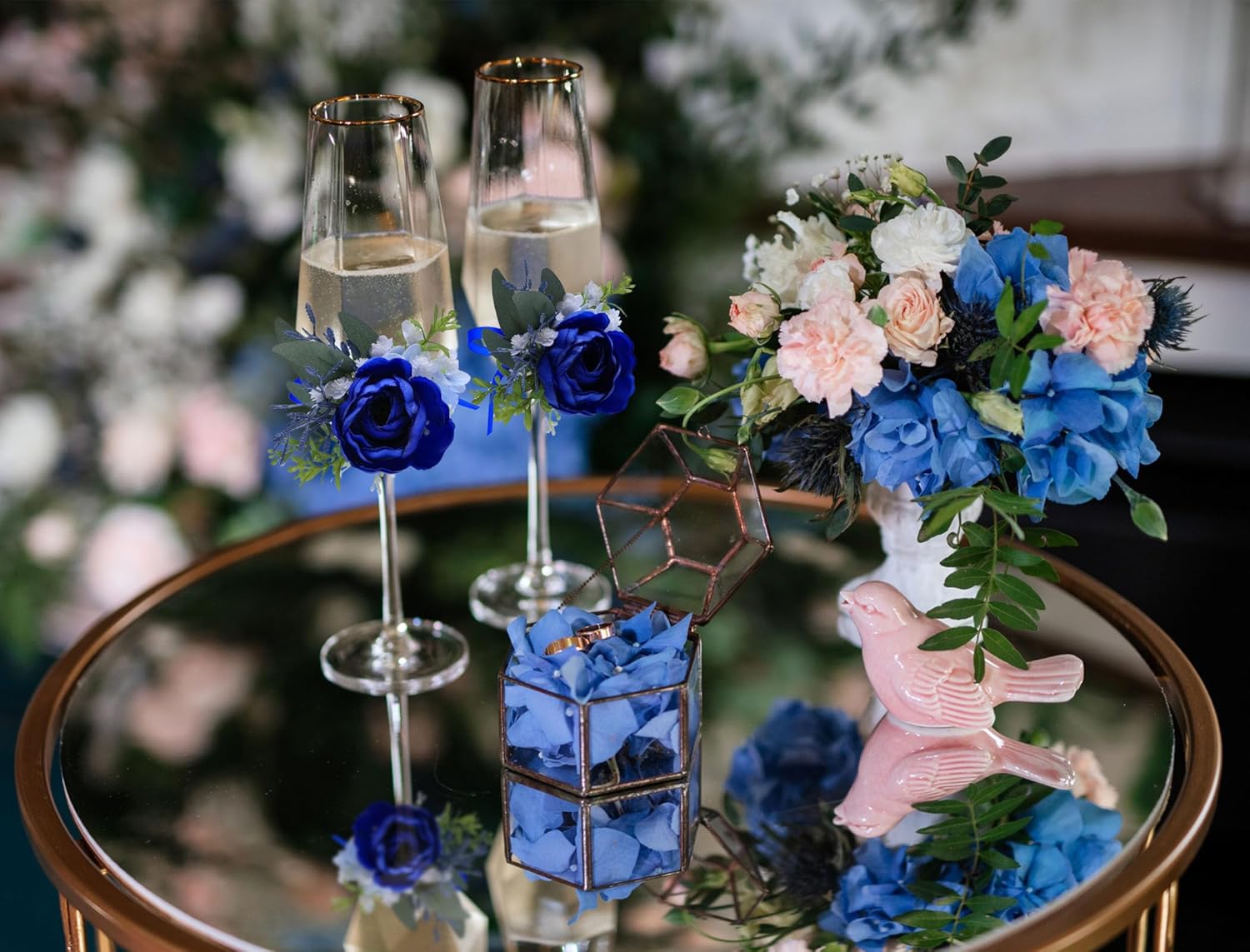 CherishedMoments 6Pcs Wine Cup Flower Set, Dining Tables, Plates Decorations，Navy Blue Artificial Flowers Wine Cup for Wedding Ceremony Anniversary, Wedding Home Decor (Blue)