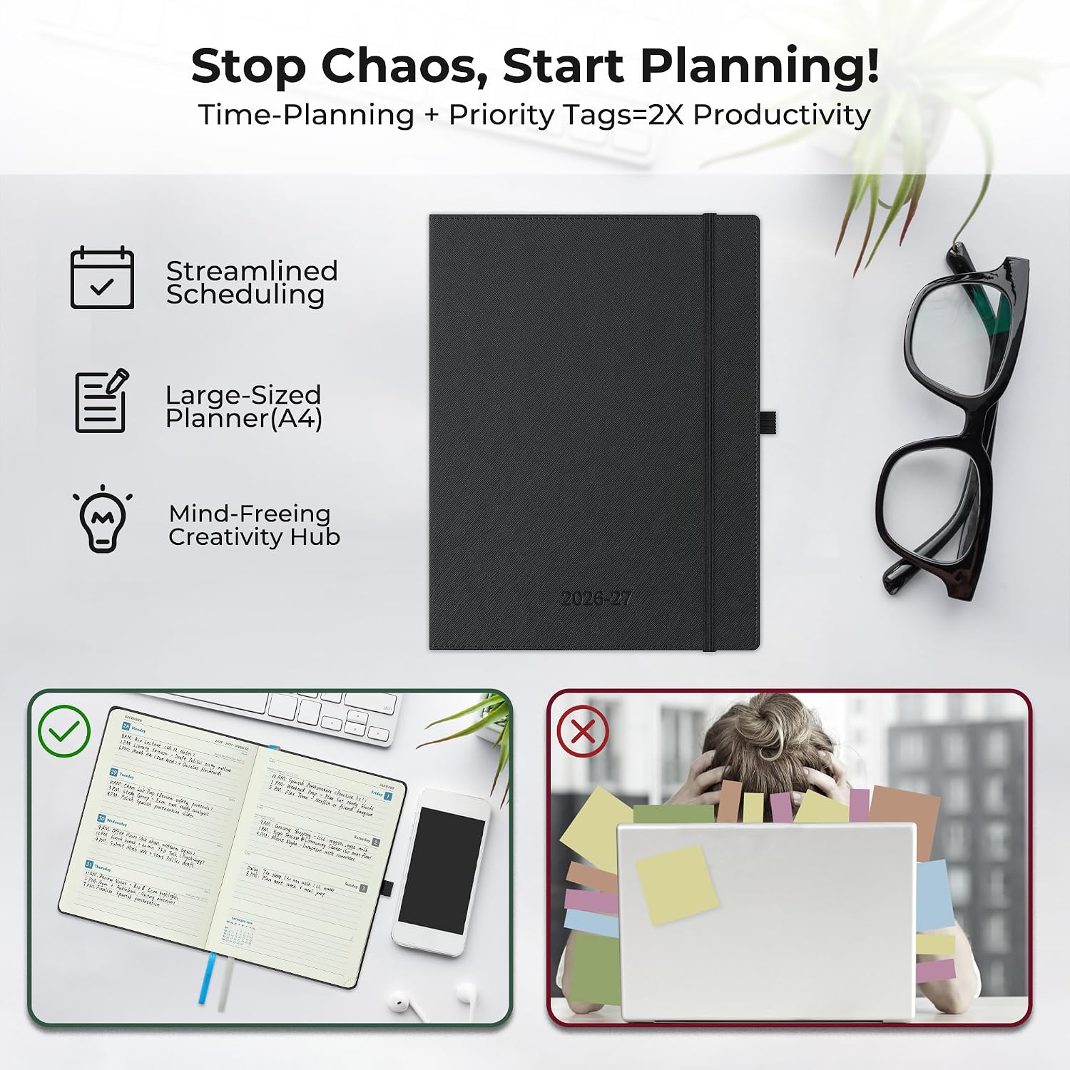 Weekly Monthly 2026-2027 Planner (July 26-Dec 27),11.5"x8.5",18 Months Agenda Plan with Month Tabs & Pocket,Expenses/Note Pages, Academic Calendar with Vegan Leather Cover,Black