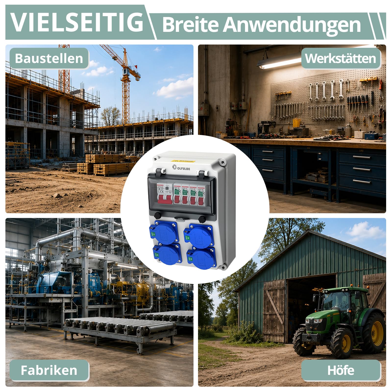 COLFULINE Baustromverteiler mit LS/FI, Vorverdrahtet & Wasserdicht IP66 | Stromverteiler 4x 230V Schuko-Steckdosen 16A, Verdrahtungshinweis, Flammhemmende ABS, für Werkstatt Baustelle Innen & Außen