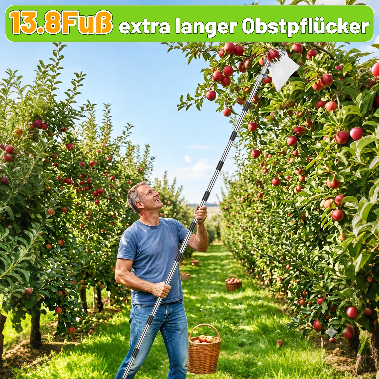 4M Teleskop Obstpflücker - Verstellbarer Apfelpflücker für Kirschen 360° Drehung Kirschenpflücker mit Teleskopstiel Leicht Robust für Hohe Äste mit Aufbewahrungstasche Werkzeug Diameter 16cm