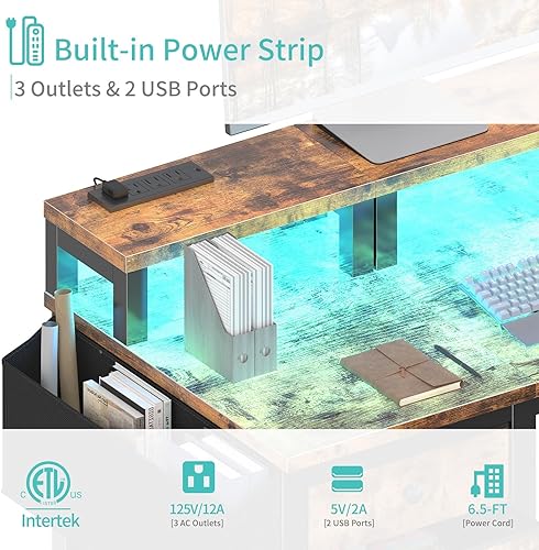 Miniatura 7 de Lufeiya Escritorio reversible para juegos con luces LED y tomas de corriente, escritorio para oficina en casa de 47 pulgadas con soporte para