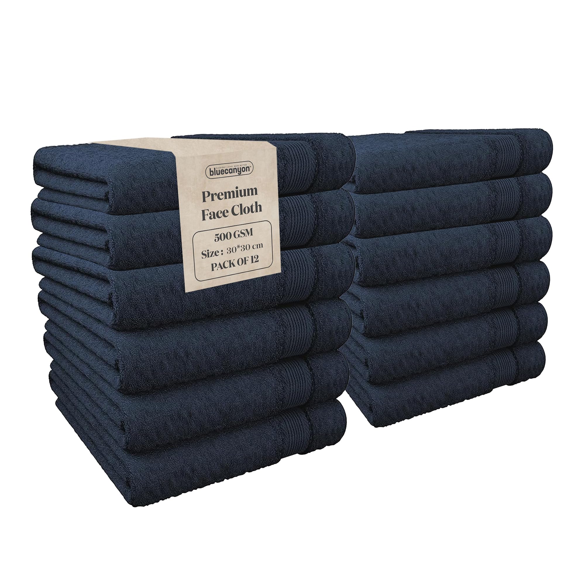 Blue Canyon Face Cloth, Bathroom Soft Towels, Woven Light–Weight, Quick Dry, Reusable Face Towels, Bacteria Resistant, Skin Friendly, Makeup Remover Cloth 30 * 30 cm, 500 GSM, PACK OF 12, (NAVY)