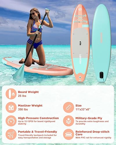 Miniatura 8 de Highpi Tabla de remo inflable de 10 pies 6 pulgadas  11 pies Premium SUP W Accesorios y mochila, amplia posición, control de surf, cubierta