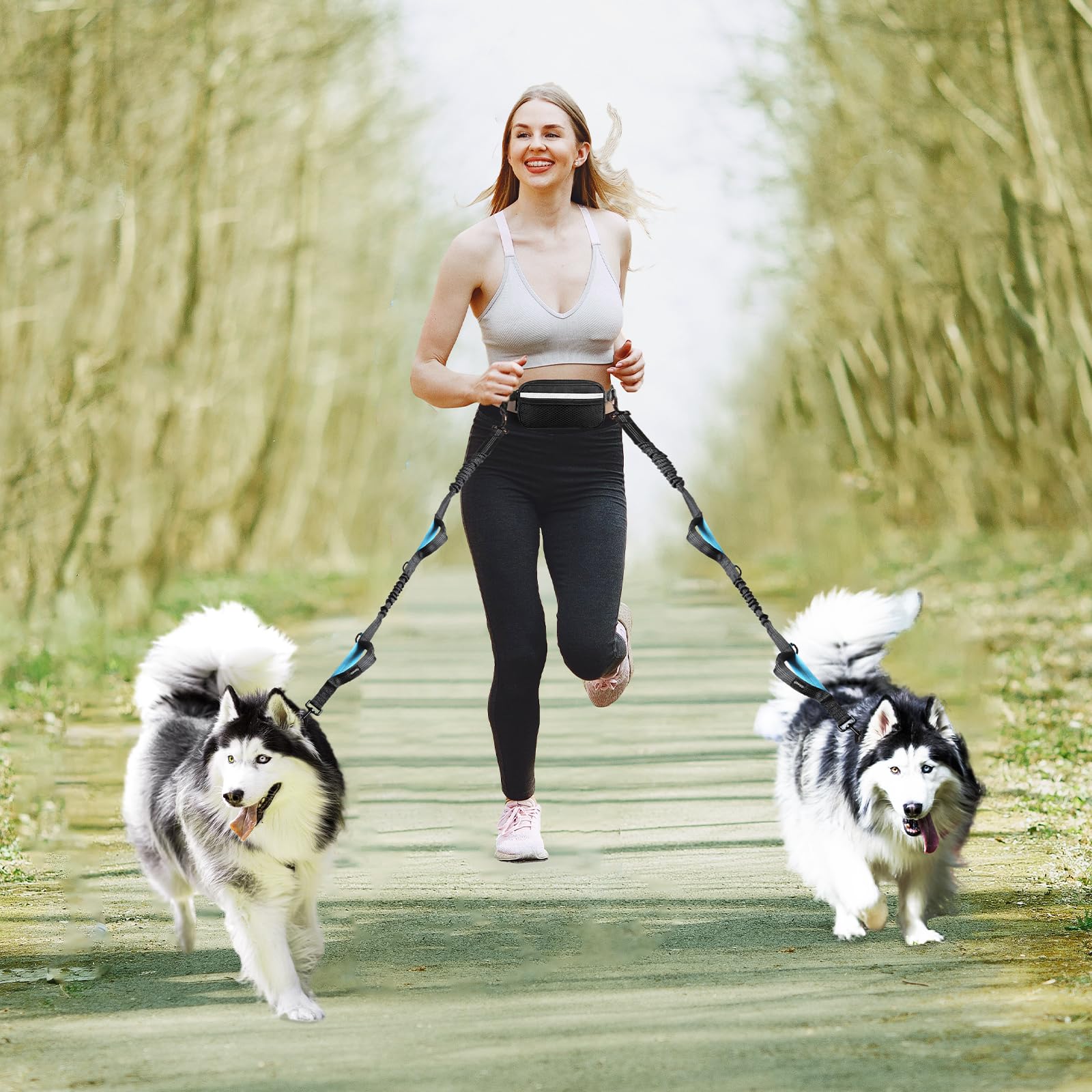 Uppetly Correa de correr para perros manos libres con cinturón ajustable, cuerda elástica de doble asa retráctil para perros pequeños y medianos, costuras reflectantes para caminar, senderismo,
