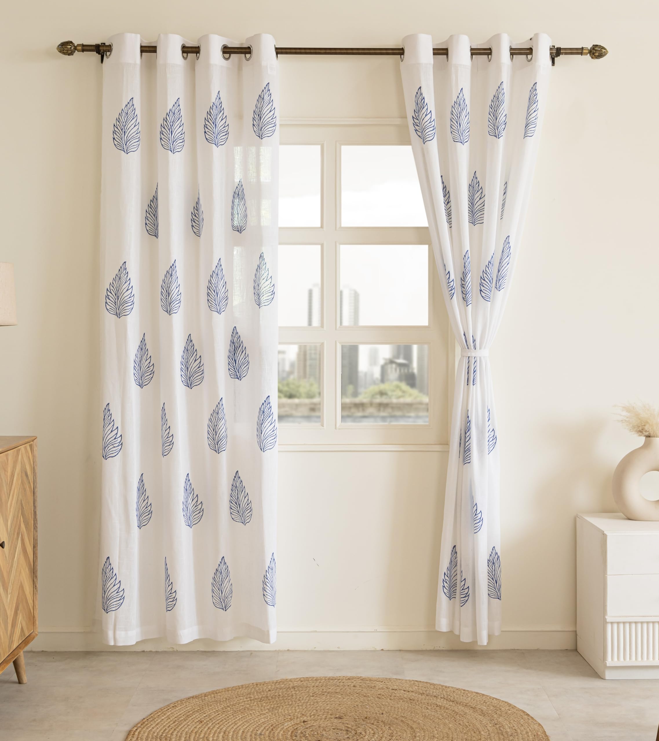THE LINEN COMPANY Cotton Linen Solid Long Door Curtain Set with Steel Eyelet Rings- 4.5 x 10 Feet (Set of 2 -New Blue Leaf)