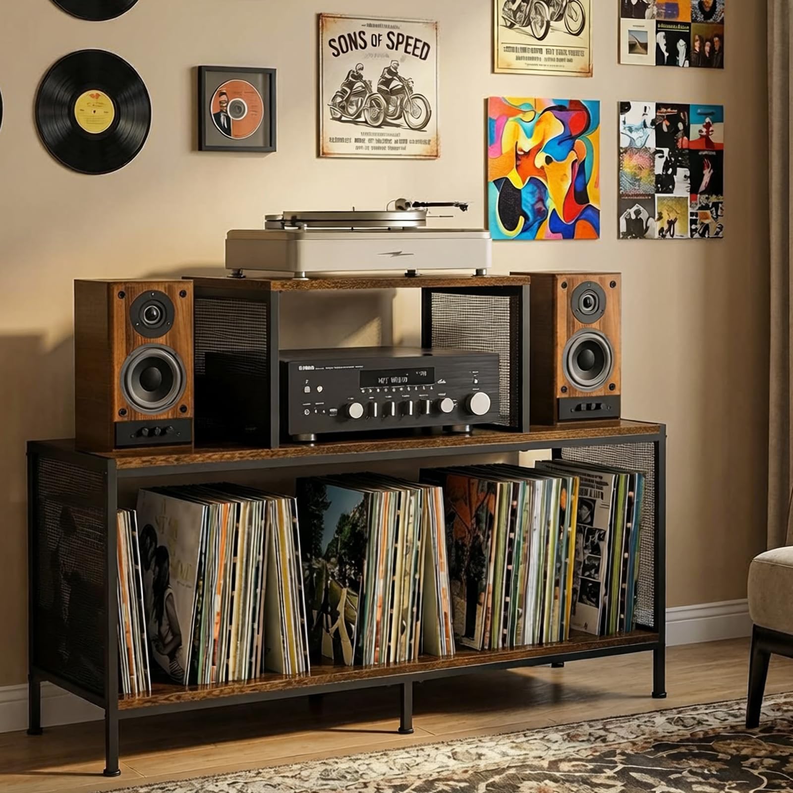 Sonyabecca Spazioso tavolino vintage per giradischi, contiene 150-250 album in vinile, divisori regolabili, aree di visualizzazione laterali, ideale per soggiorno, camera da letto, ufficio