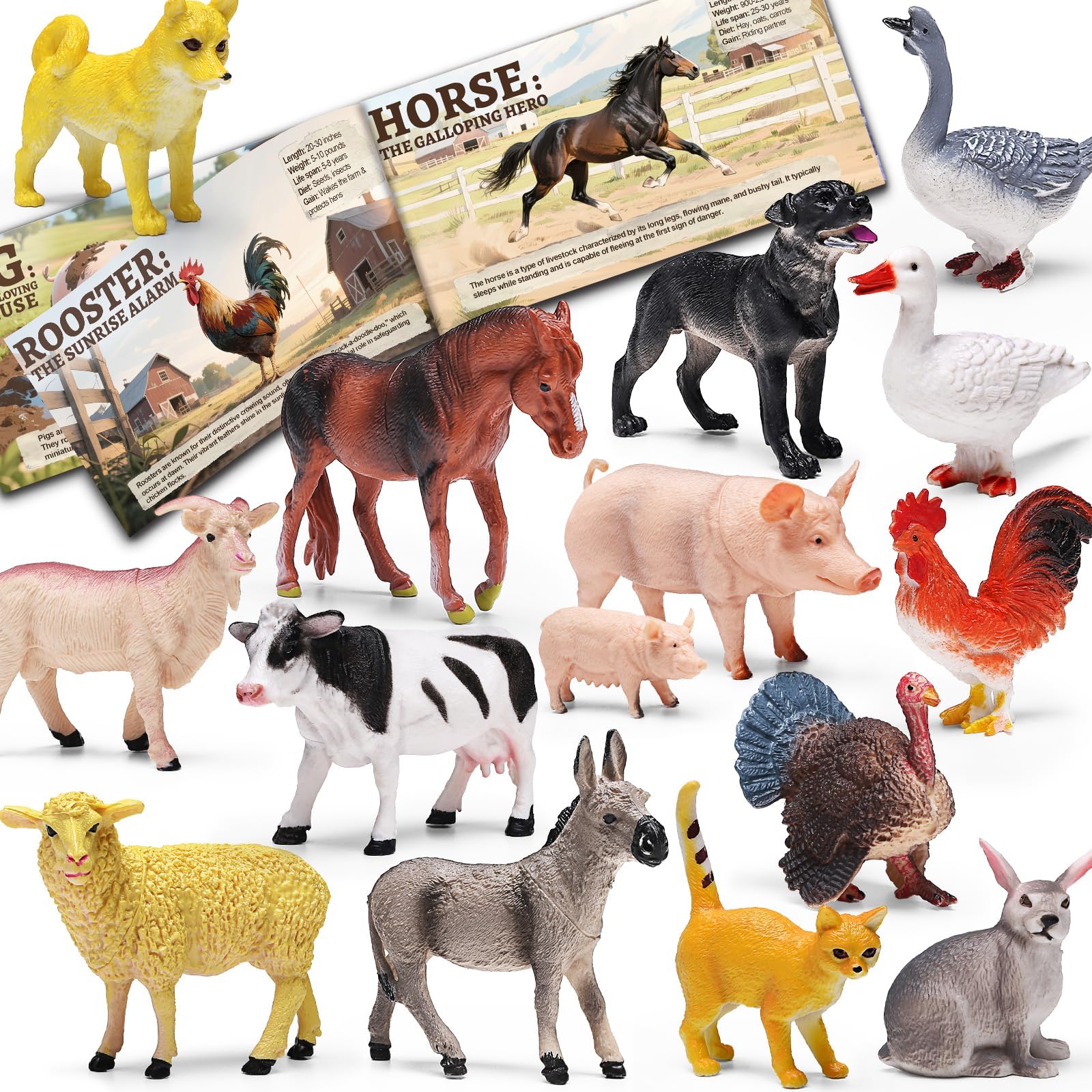 Photo 1 of KarberDark 15 Pcs Farm Animal Toy Set with Educational Booklet and Gift Box, Realistic Plastic Farm Animal Figures Set for Kids, Farm Playset Animals Party Favor, Cake Topper, Birthday for Toddler