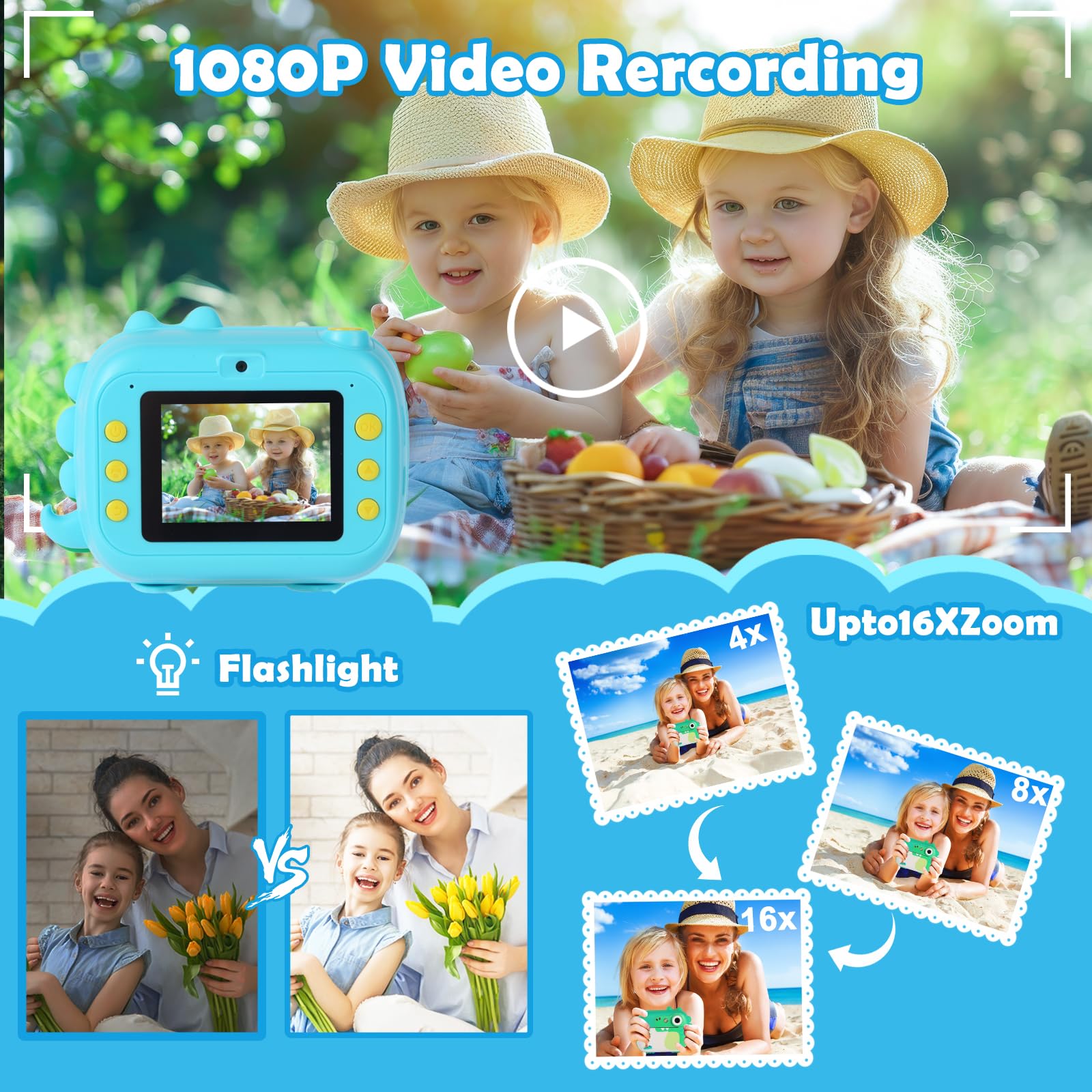 Cámara de impresión instantánea para niños, juguetes de cámara digital para niños con video HD para niños de 3 a 12 años, regalo de festival de cumpleaños de Navidad para niñas y niños, con 7 rollos 3