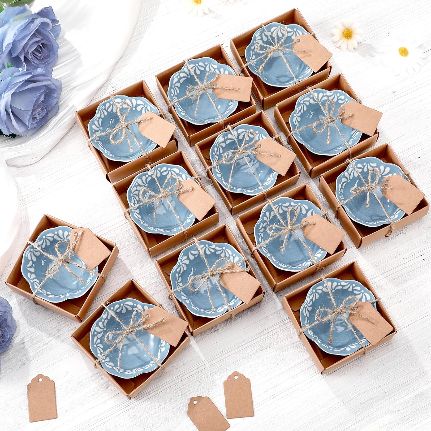 SiliFine 12 Pcs Ceramic Pinch Bowl 3.3 Inch Cielito Lindo Party Favors for Guests Small Mexicanos Ceramic Dipping Bowls Bulk Gifts with Cards for Party Shower Favor (Floar,Blue)