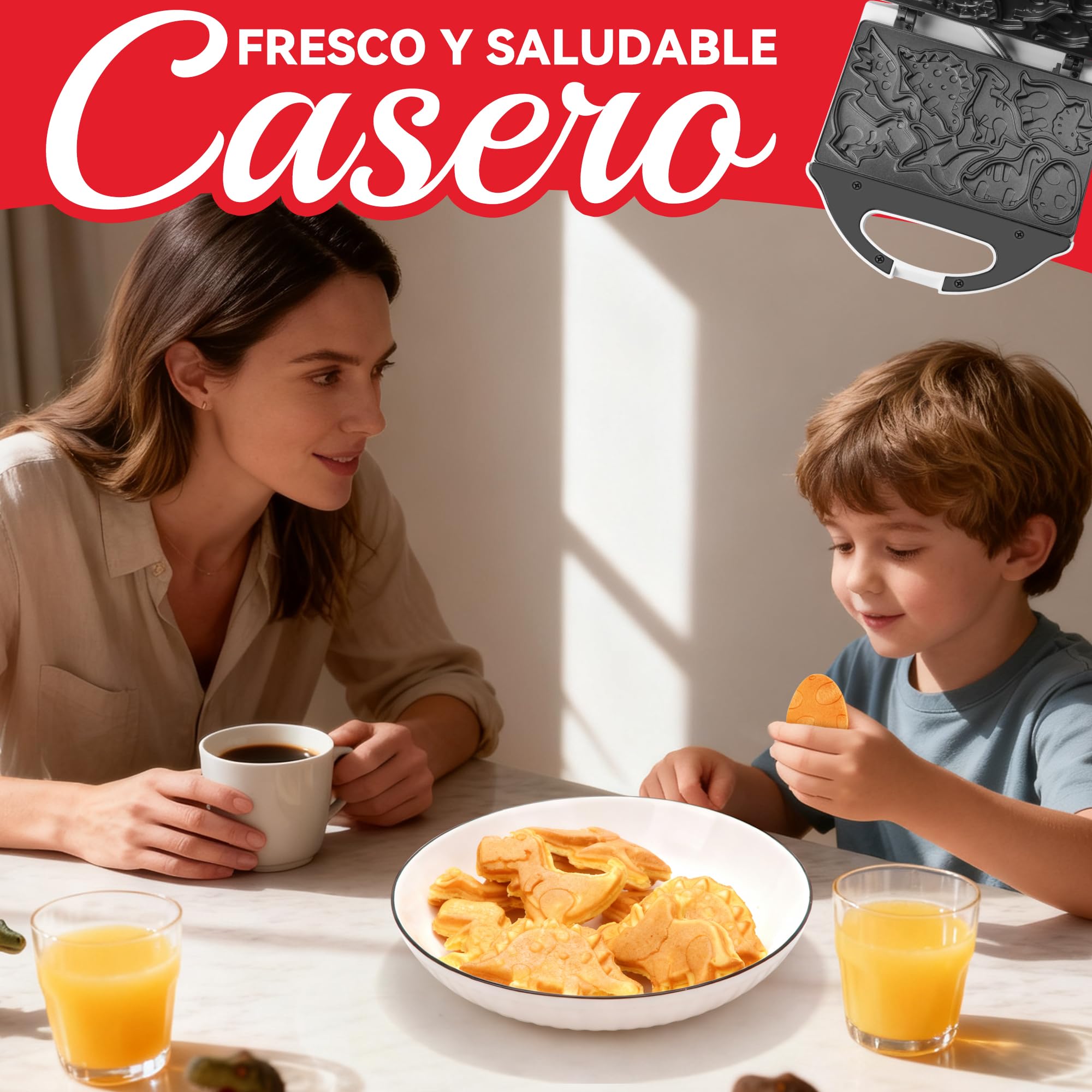 SugarWhisk Gofrera Mini, Waflera Pequeña, Mini Waflera, Mini Waffle Maker Con 8 Diseños De Dinosaurios Diferentes, Que a Los Niños Les Gusta, Blanca