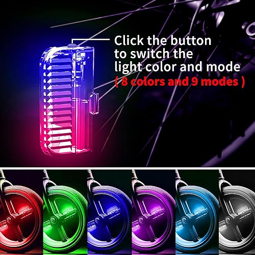 Miniatura 5 de Paquete de 4 luces recargables para ruedas de bicicleta, para adultos, niños, 7 colores variables, sensor de movimiento, se adapta a todos los