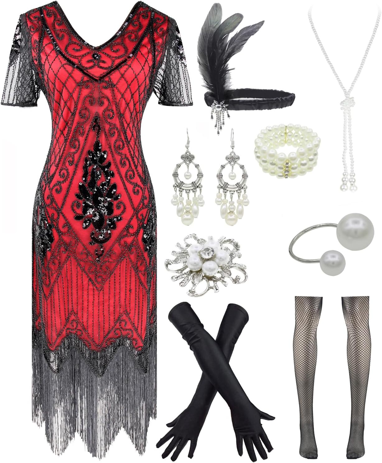 Women 1920s Gatsby Vintage Sequin Flapper Fringe Party Plus Dress with 20s Accessories Set