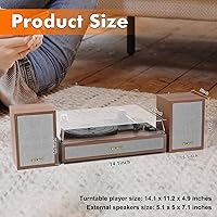 Vista 9 de Tocadiscos de vinilo con altavoces externos para estantería, 33-1/3, 45, 78 RPM, tocadiscos estéreo Bluetooth vintage para discos de vinilo, sistema