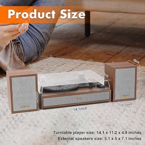 Miniatura 9 de Tocadiscos de vinilo con altavoces externos para estantería, 33-13, 45, 78 RPM, tocadiscos estéreo Bluetooth vintage para discos de vinilo, sistema