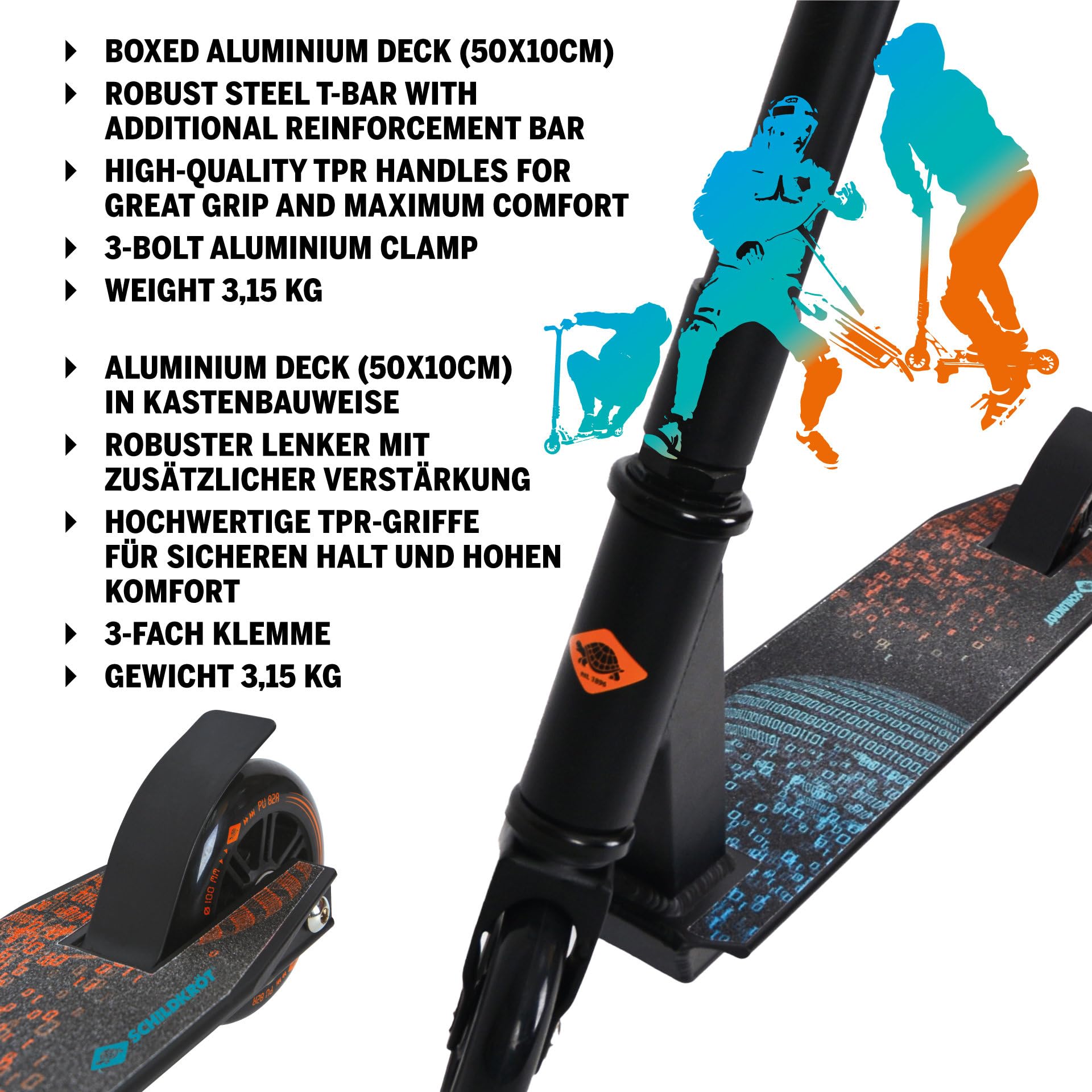 Schildkröt Trotinette Freestyle 360, Aluminium, Modèle d'Entrée de Gamme pour Les Premiers Tours et Cascades, Roues en PU 100 mm