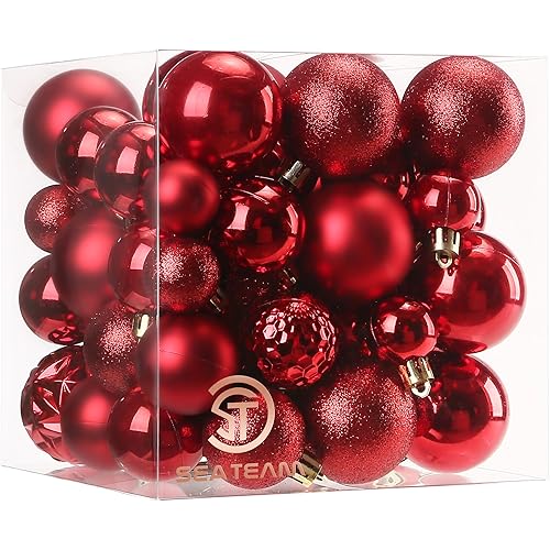 Sea Team 70-Pack Shatterproof Plastic Christmas Ball Ornaments Set, Multi-Size Christmas Baubles, Hanging Decorations for Xmas Tree, Wreath, Garland, (1.18-1.97 Inches, Red)
