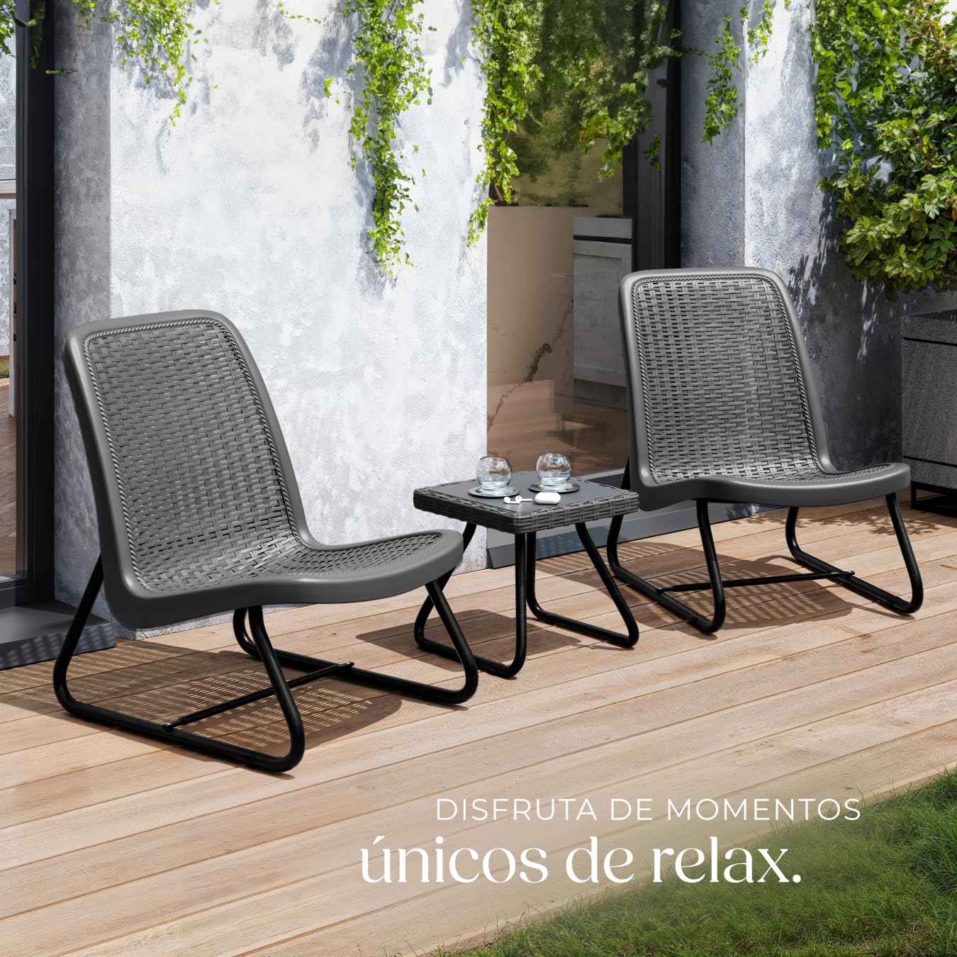 tectake® Conjunto de Sillas de Jardín con Mesa Auxiliar, Ratán, Acero Recubierto, Antideslizante, Mobiliario Jardin, Conjunto Jardin Terraza, Sillones Jardín Exterior, Butacas Jardin - Gris