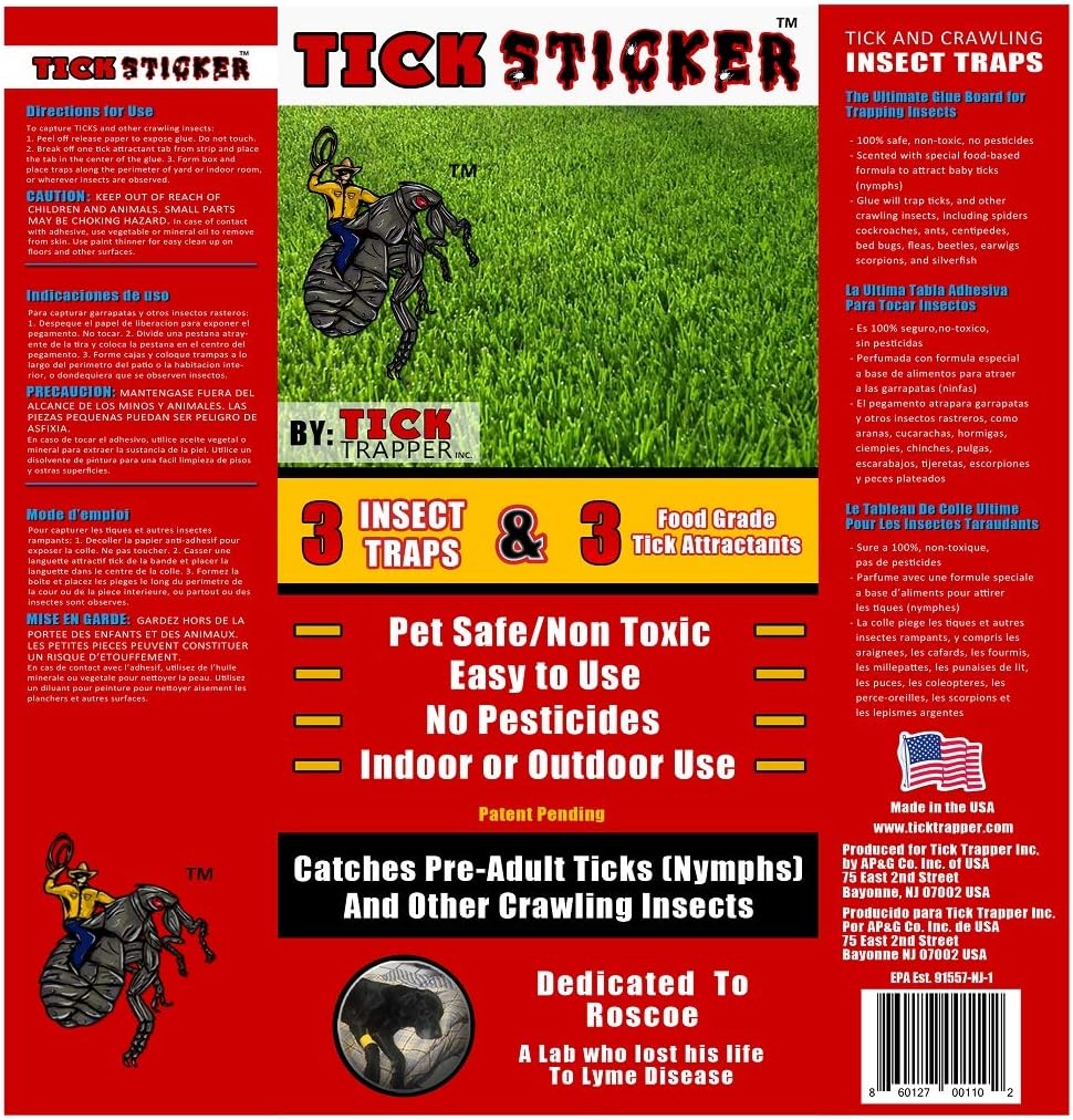 Tick Sticker Flea, Tick, and Insect Trap - Non-Toxic and Easy to Use - Patent Pending Tick Attractant, Sticky Glue Traps Crawling Insects (Pack of 3)
