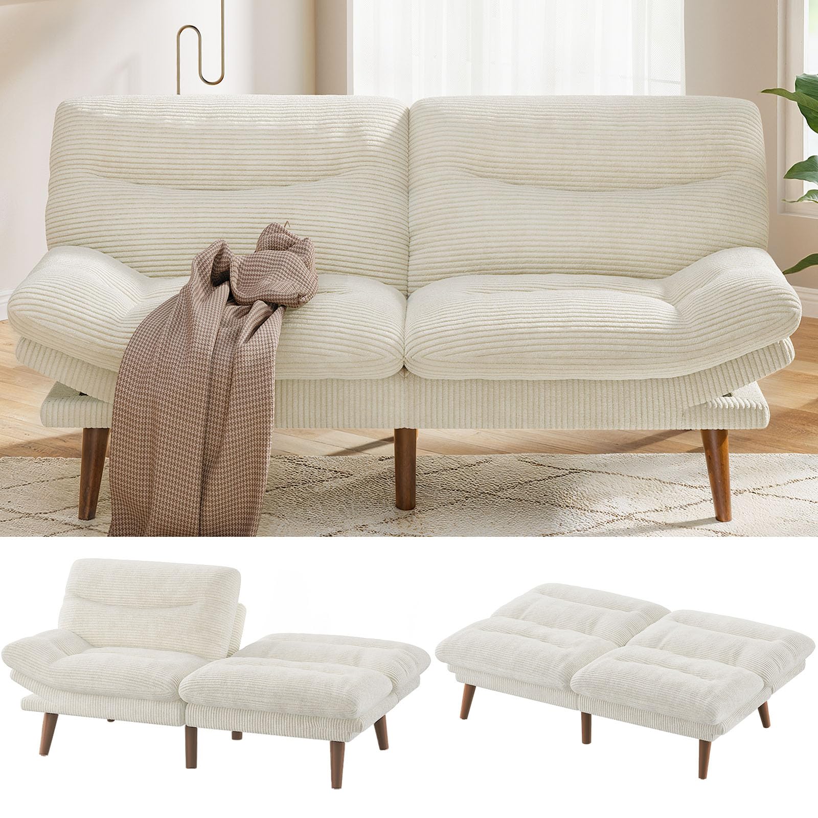 Pipishell Convertible Futon Sofa Bed,66" Corduroy Futon Couch with Adjustable Backrest and Armrests, Recliner Sleeper Sofa for Small Spaces, Play Room or Office, White