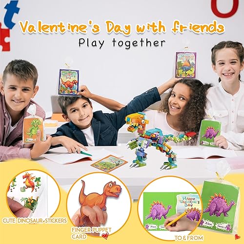 Miniatura 4 de YOYOJOY Regalos del día de San Valentín para niños, 24 paquetes de bloques de construcción de dinosaurios con tarjetas del día de San Valentín,