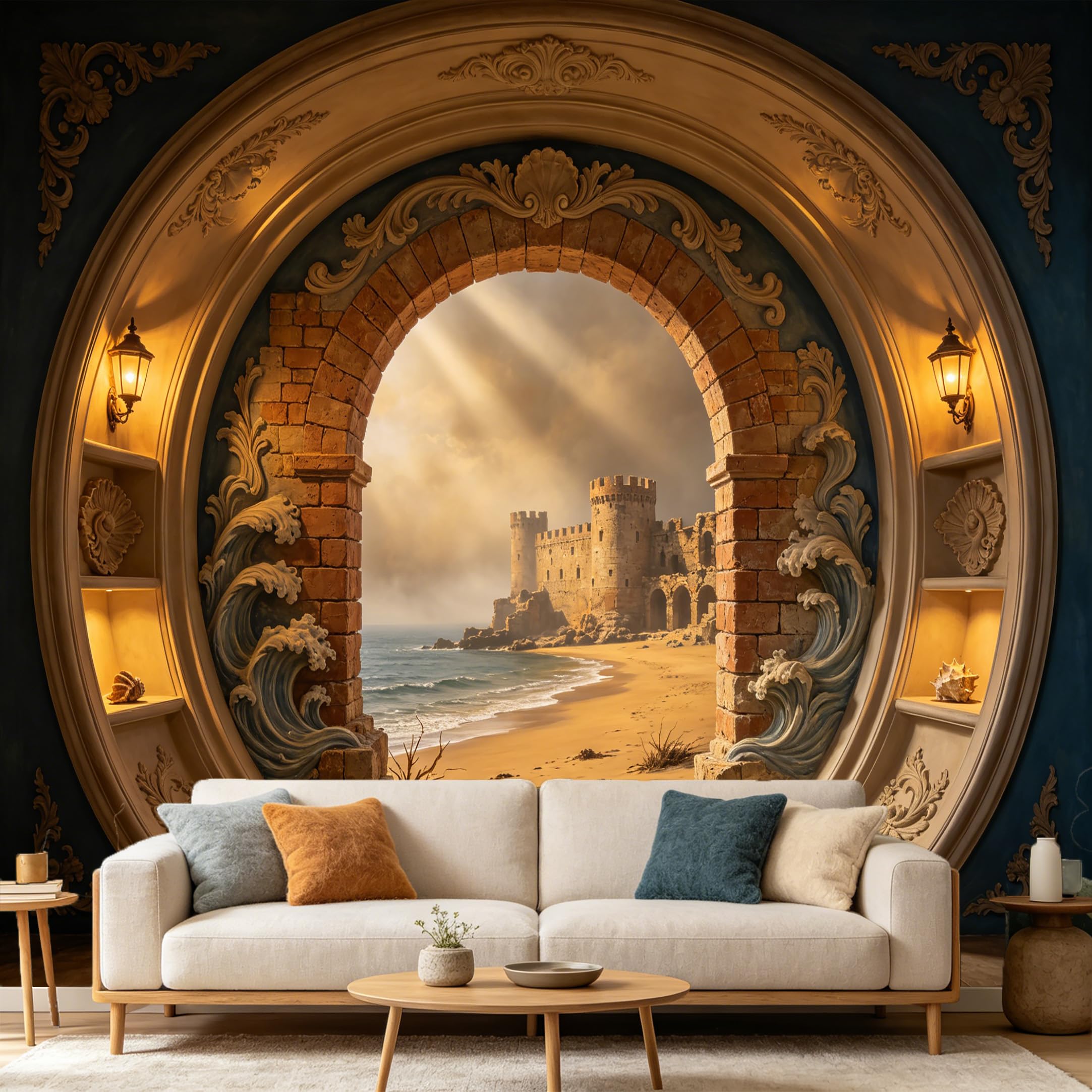 Custom Size Wall Mural， 3D Trompe L'Oeil Medieval Castle Coastal Ocean Waves Archway， SelfAdhesive Art Prints wall Fabric Removable Large Wallpaper Home Living Room Decor