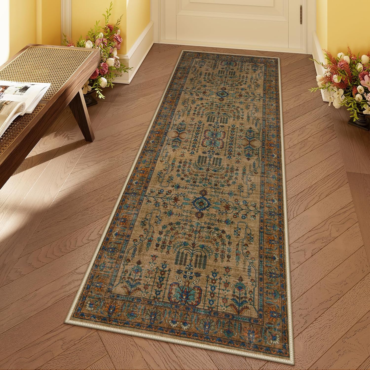 Moynesa Boho Brown Washable Runner Rug, 2x6 Non-Slip Kitchen Runner Traditional Laundry Room Rug Runner for Hallway, Ultra-Thin Soft Oriental Accent Bedroom Carpet for Entryway