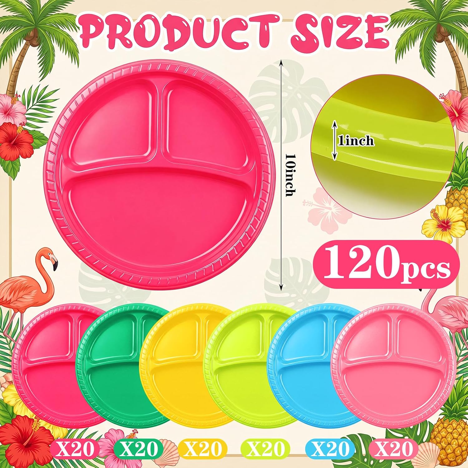 Havawish 120 Pcs 10 Inch Hawaiian 3 Compartment Divided Plates Disposable Plastic Dinner Plates Bulk Colorful Heavy Duty Round Dinnerware for Summer Flamingo Birthday Picnic Wedding Party