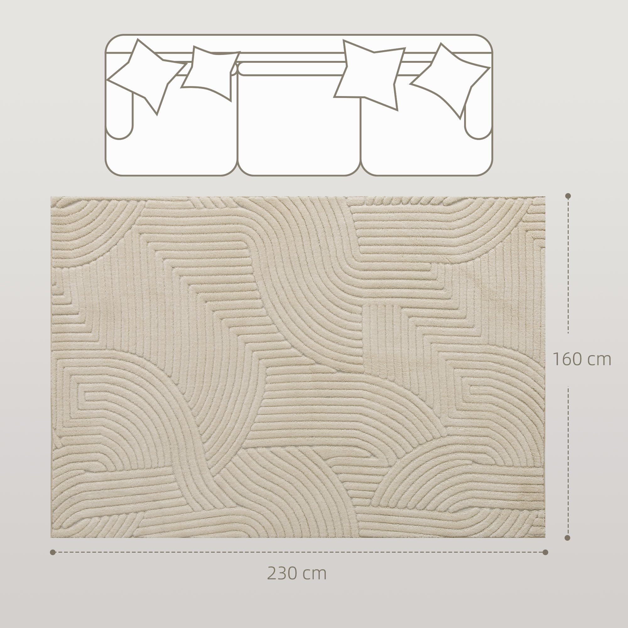 HOMCOM Tappeto Moderno Antiscivolo in Poliestere e Cotone, Tappeto Pelo Corto con Design di Linee, per Soggiorno, Camera da Letto, Sala da Pranzo, 230x160x1.7 cm, Crema