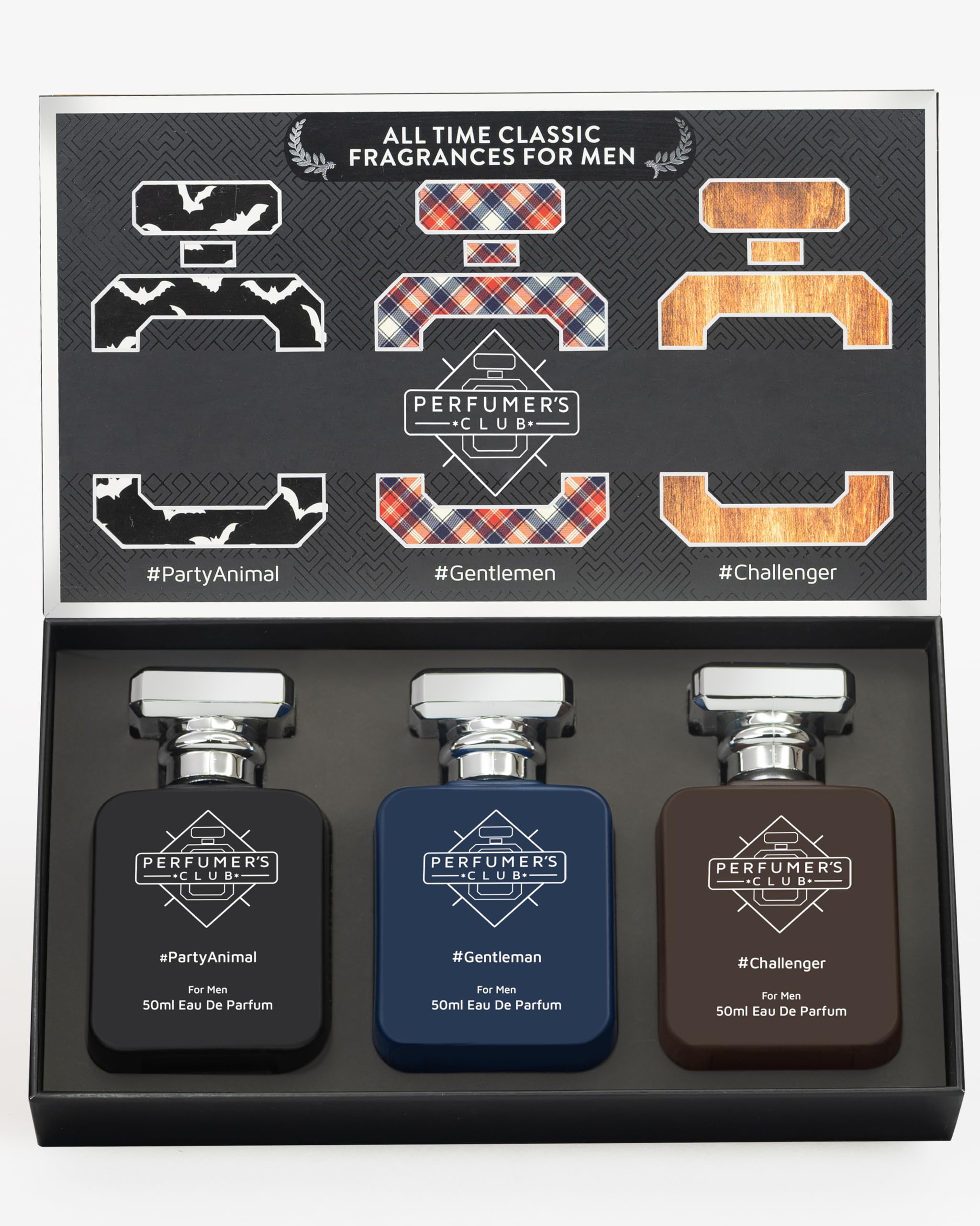 PERFUMERS CLUB "All Time Classic Fragrances For Men Gift Set Of 3 ( Party Animal + Gentleman + Challanger) Upto 24 Hrs Lasting (Wood Eau De Parfum Spray) Best Gift For Valentine