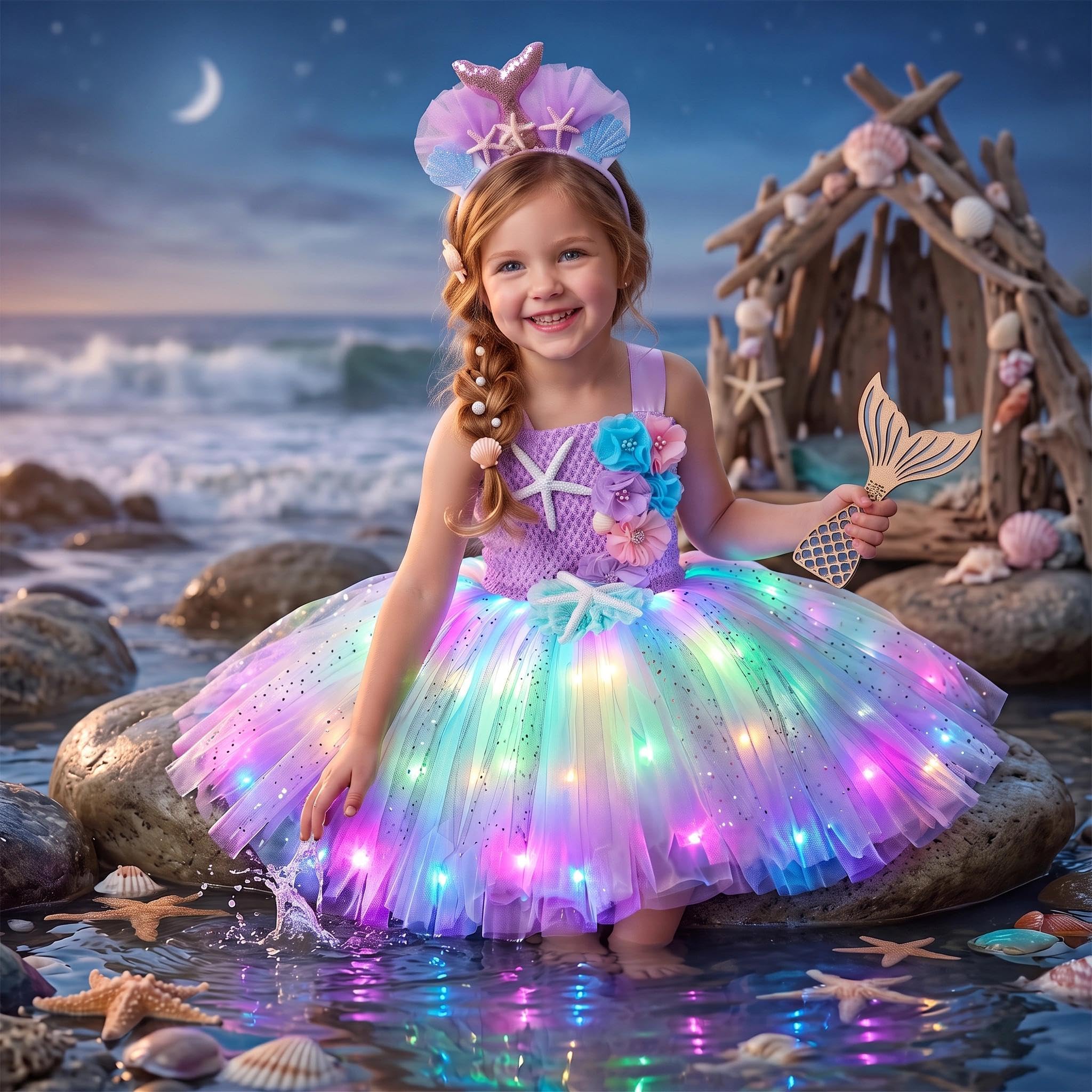 Girls Mermaid Costume Mermaid Tutu Dress Color Led Light Up for Halloween Birthday Party 3-8Years