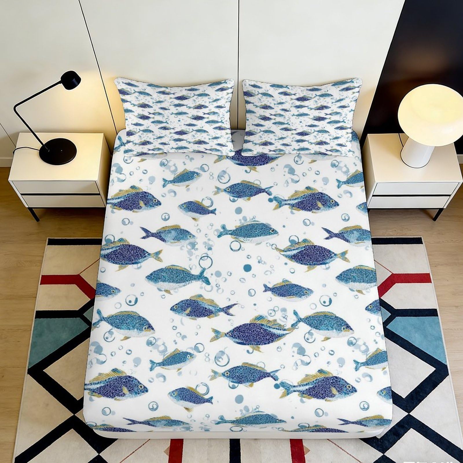 3D Printed Blue Ocean Fish Fitted Sheet Microfiber Anti-Slip Mattress Cover Artistic Sea Pattern Decor 200x200x25cm